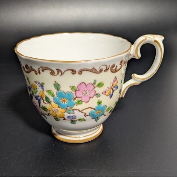 Staffordshire Teacup Vintage Birds Flowers Butterflies Gold Trim England - Picture 1 of 11